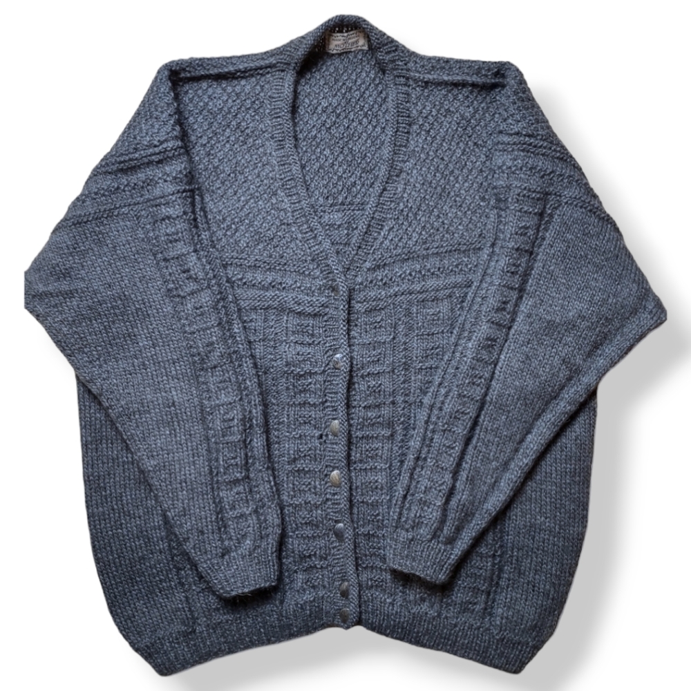 Handmade Blue Wool V-Neck Cardigan Textured Stretch Sweater Women's Size XL